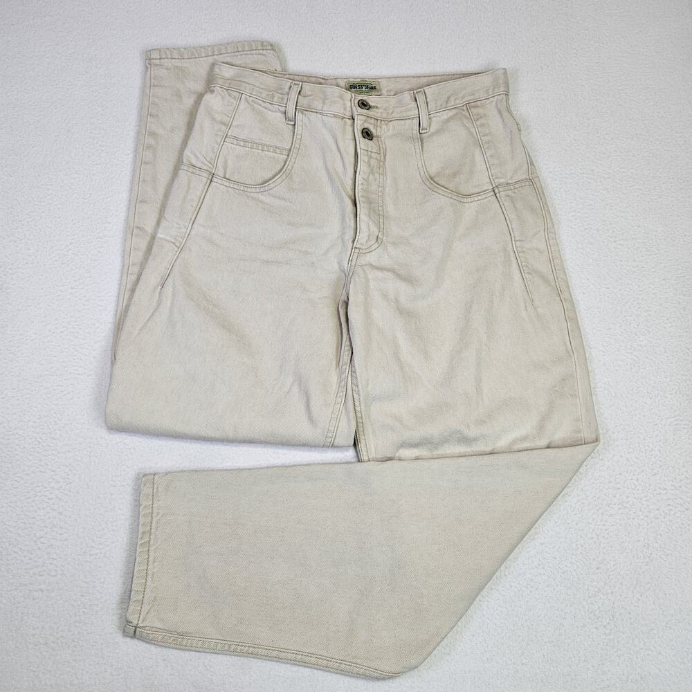 VTG 90s GUESS Pascal Jean Men 30x29 Loose Fit Tapered Leg Baggy Beige Made USA